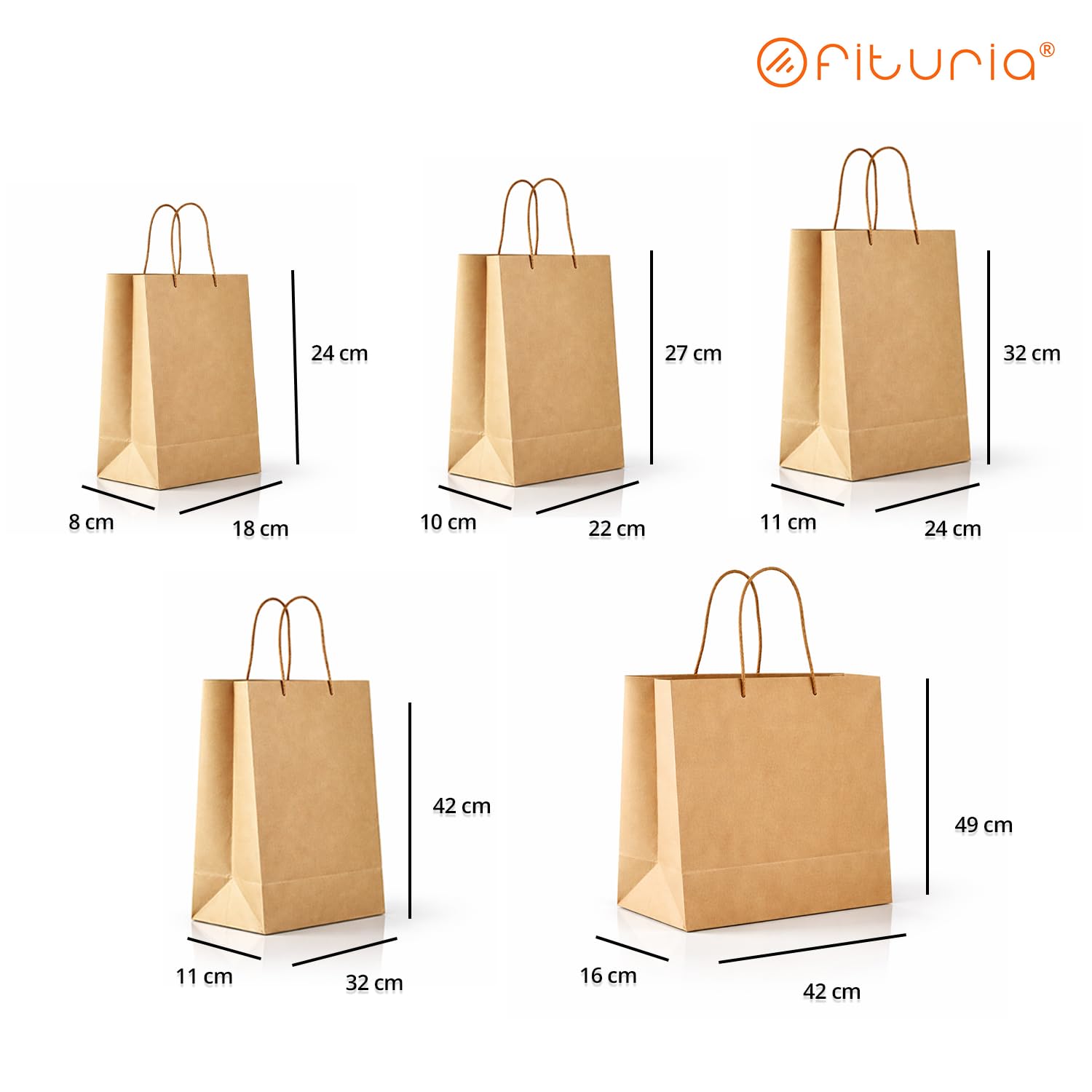Borse di Carta Kraft M con Manici – 10 pz, Borse Resistenti e Riciclabili per Regali e Commercio – OFITURIA (24x11x32 cm, Kraft)