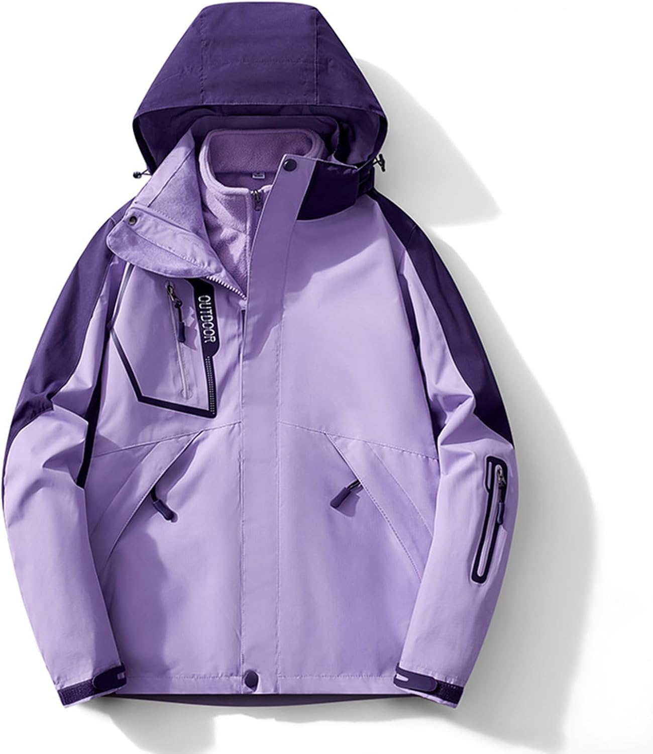 Women's 3‑in‑1 Windbreaker Jacket Color Block Waterproof Hooded Jackets Breathable Outdoor Rain Coat with Pockets