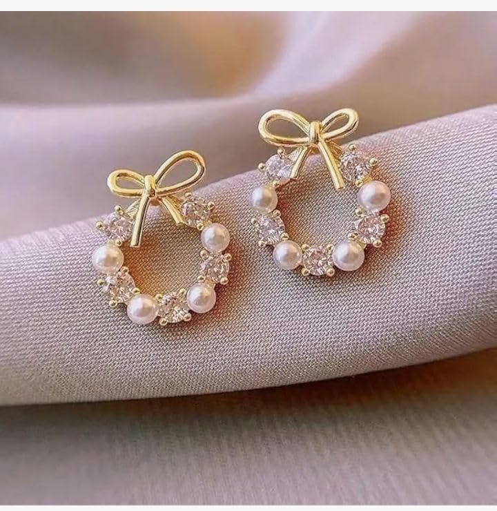 Image of Korean Style Fashion Earrings Set, Pearl and Crystal Bow Design, Women's Jewellery Accessories, 2 Pairs