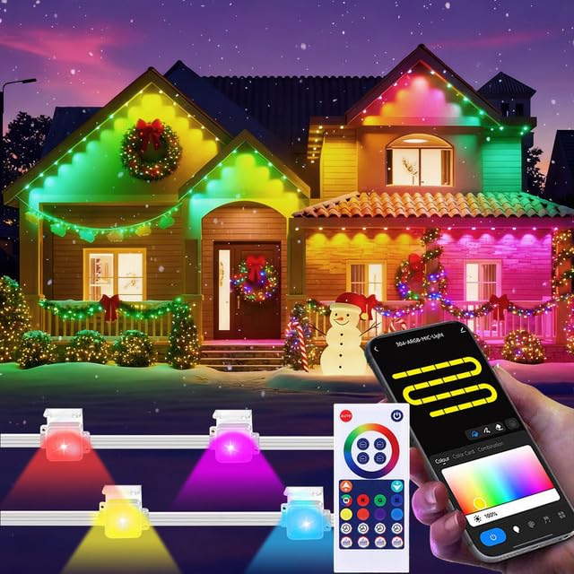 Rosnek Permanente Lichterkette Außen, 30M RGB 60 LEDs mit Alexa & Google, Smarte Weihnachtsbeleuchtung Außen mit WLAN-App funktioniert & Fernbedienung, Deko Weihnachten Draußen mit Wasserdicht & Timer