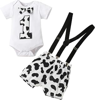 Cow Print Birthday Outfit Boy Baby First Birthday Cake Smash Clothes Farm Cow Romper Shorts Pants Suspenders Bowtie Set for Milk Cow Animals Theme Birthday Party Photo Prop White Cow 12-18 Months