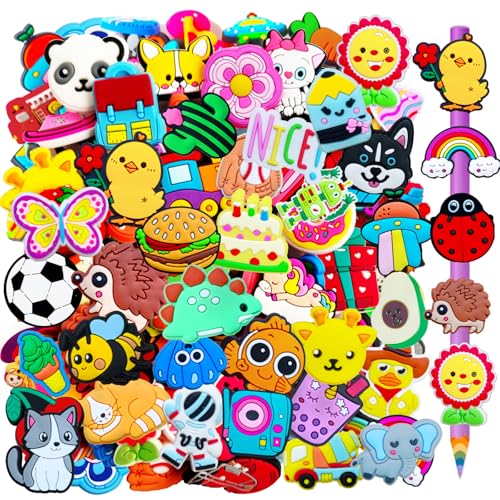 100 PCS Cute Pencil Topper Decoration,Kawaii Pen Straw Clips Decor Accessories,Pencil-Top Charms for Pupil,Junior,Kids,School Supplies,Classroom Reward,Prizes,Gifts,Bulk Random Different Cartoon
