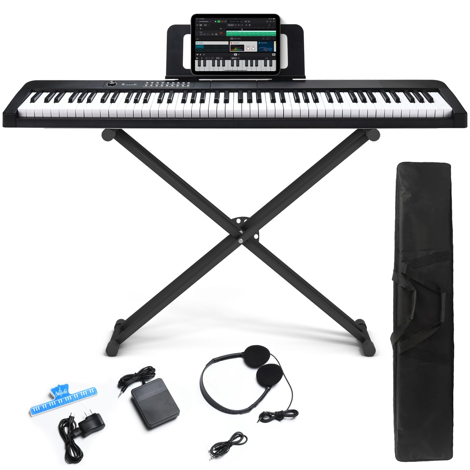 88 Key Digital Piano, Semi Weighted Electronic Keyboard Piano with Music Stand, Power Supply, Sustain Pedal, Stand, Bluetooth, Carrying Case, Headphones, USB-MIDI, Piano Lessons for Beginners