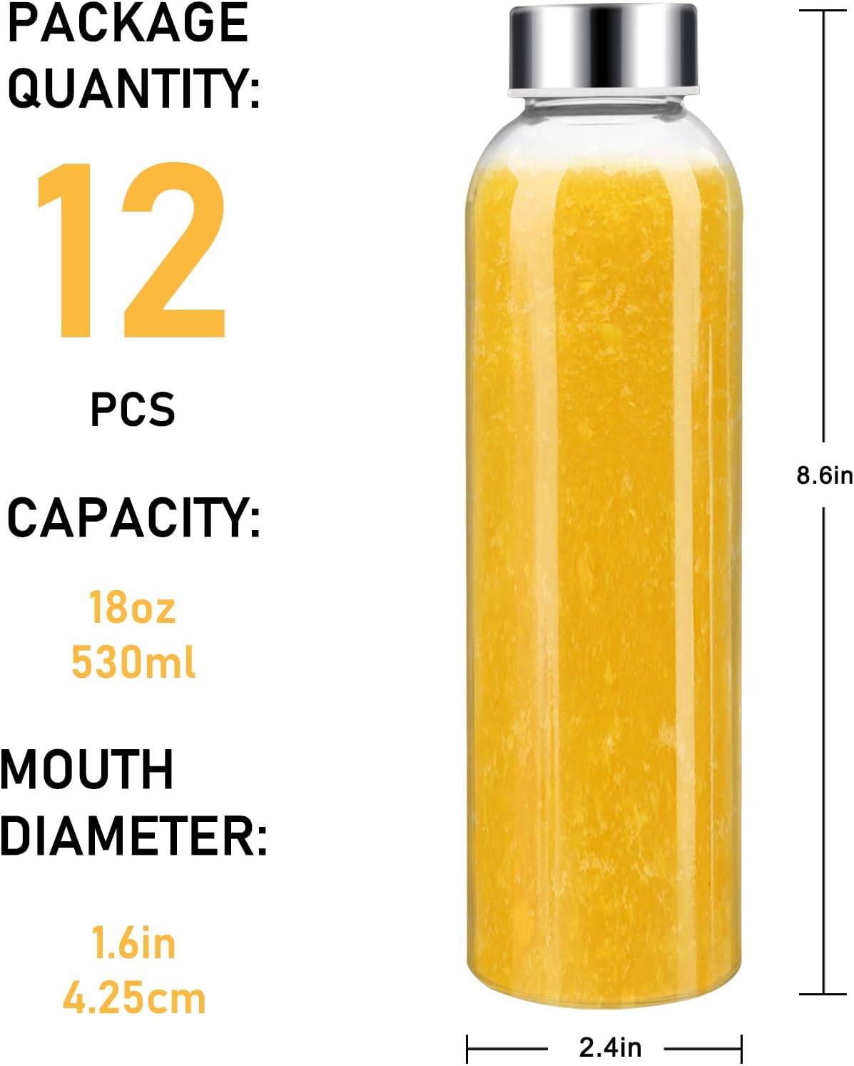 Sursip [12 Pack] 18 oz Glass Water Bottles with Lids, Juice Bottles, Clear glass juice bottle for juicing, Eco-Friendly Reusable Glass Juicing Bottles with Stainless Steel Lid, BPA Free,Leak-Proof - Image 7