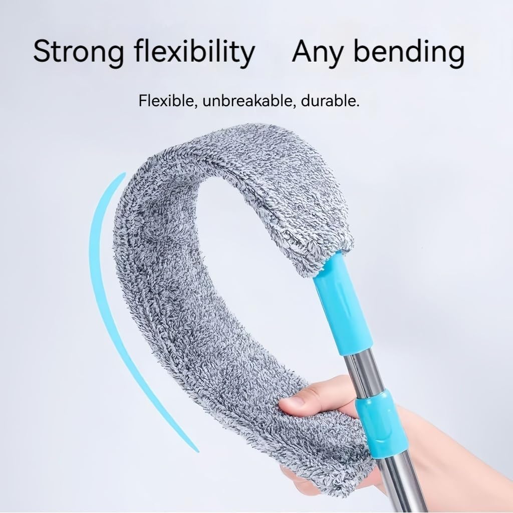retractable gap duster with 60" extension pole, flexible microfiber brush for under appliances, furniture & tight spaces, washable flat duster for fridge stove couch crevices (4 replacement fabric)
