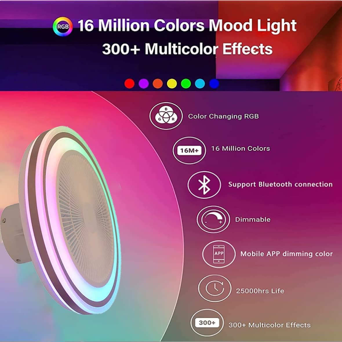 YUNZI RGB Ventilatore Da Soffitto Con Luce E Telecomando Camera Da Letto Plafoniera Ventilatore Soffitto E Cassa Bluetooth Ventilatore Soffitto Con Luce Wifi Moderno 50CM*20CM