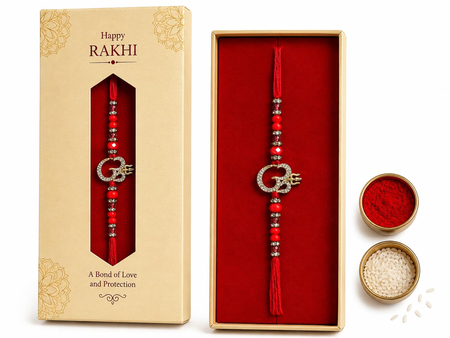 Tripurari Rakhi set for brother for Rakshabandhan with Roli Chawal (Rakhi set for brother - Om big)