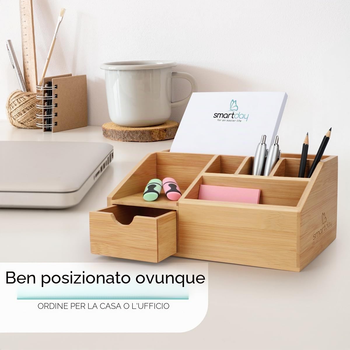 Organizzatore da scrivania in legno con cassetto – portapenne, vassoio da scrivania – organizzazione ufficio, ripiano portapenne in bambù per scrivania, casa ufficio
