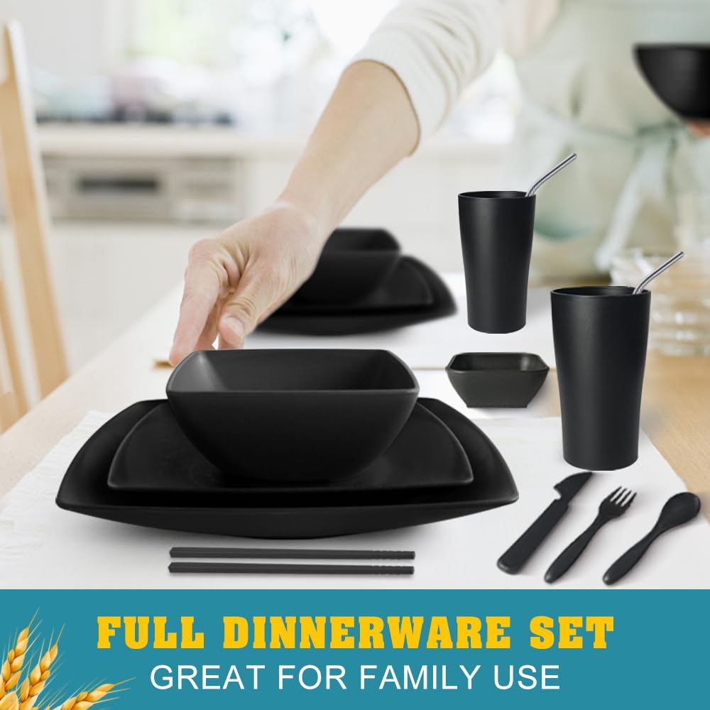 Teivio Juego de 66 piezas de cocina de plástico reutilizable cuadrado para 6 platos, cuencos y tazas de plástico irrompibles, color negro