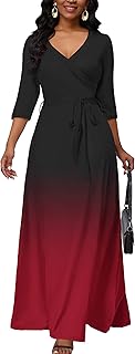 Maxi Dress for Women Gradient Casual Long Sundress V Neck 3/4 Sleeves with Belt - Buy now