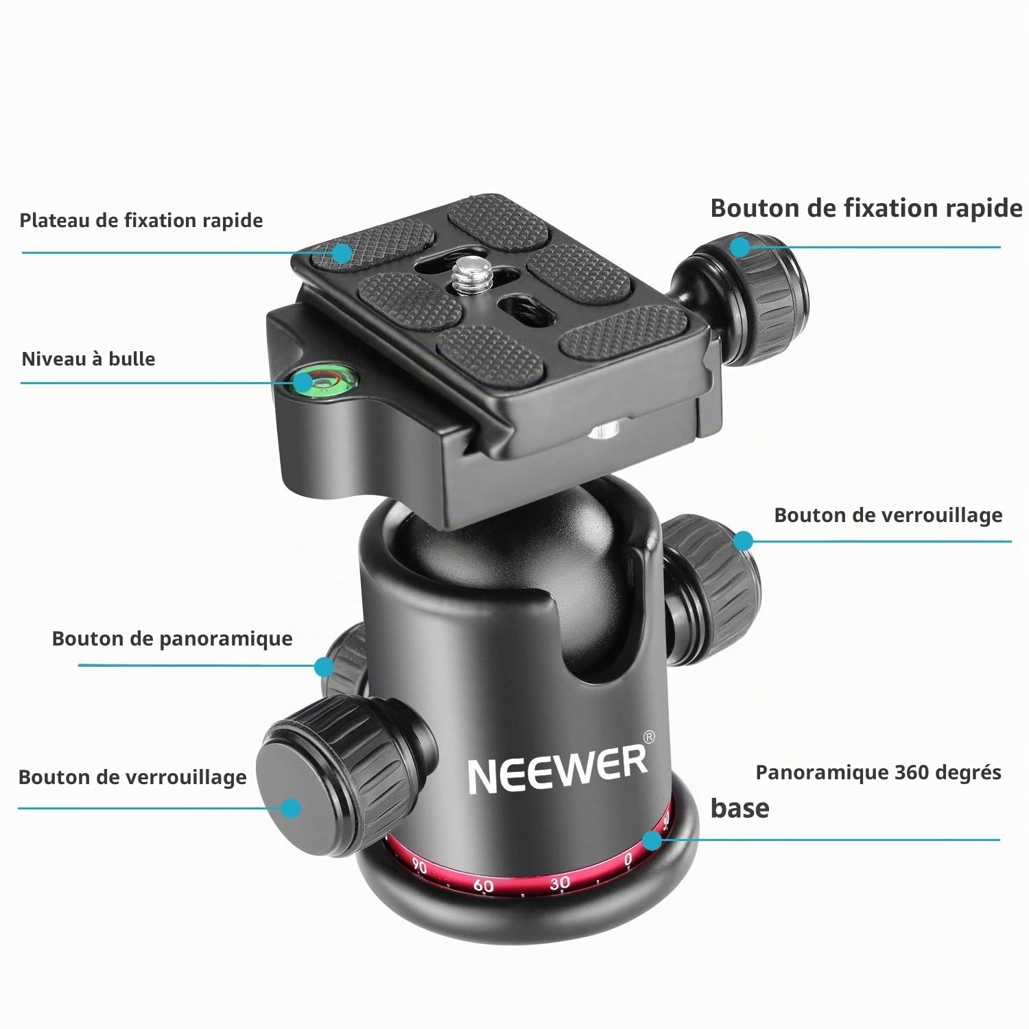 NEEWER Rotule pour trépied panoramique 360° métal avec plaque Arca, vis 1/4" 3/8", charge max 17,6 lb