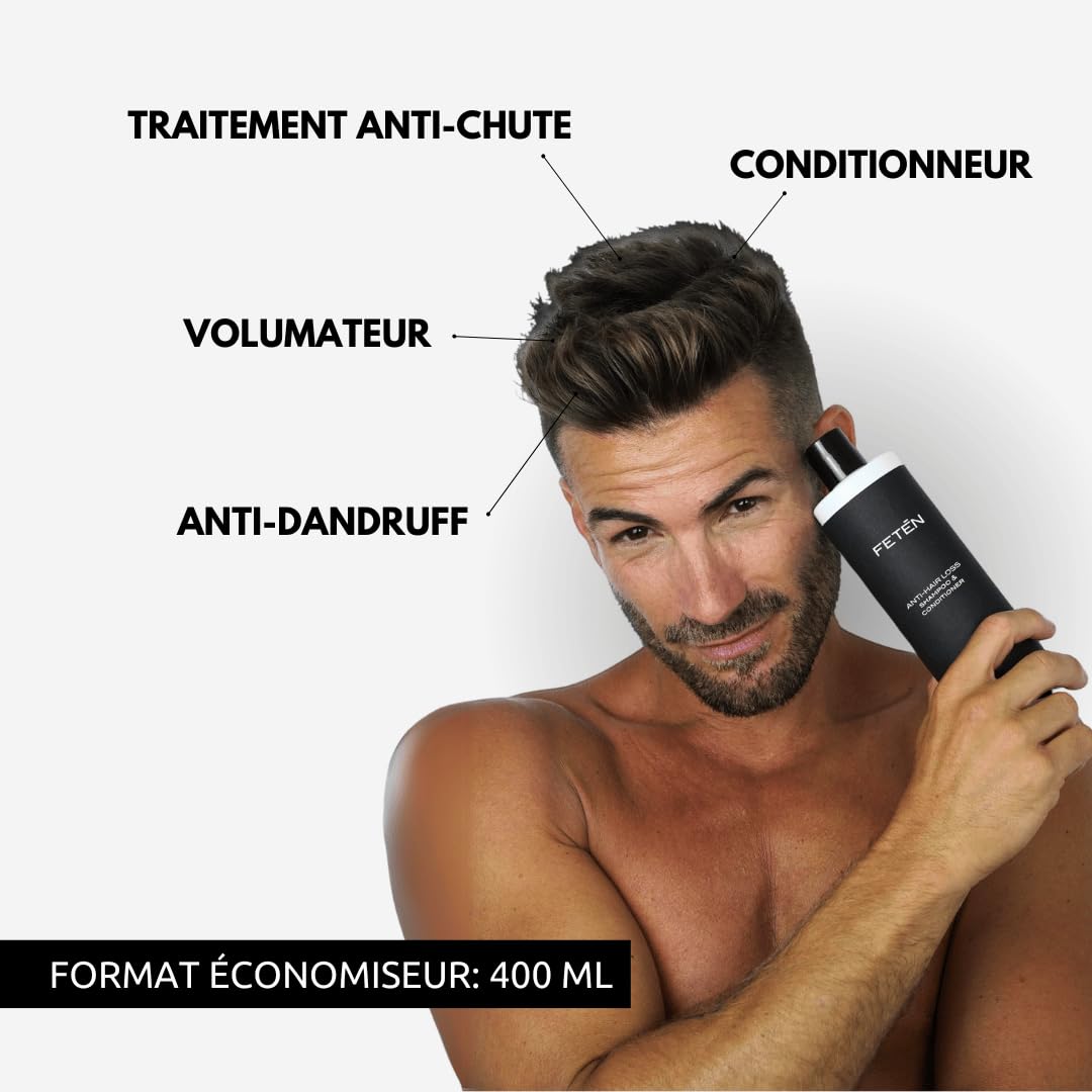 FETEN Shampooing Antichute et Antipelliculaire pour Cheveux d' Homme 400ml, Prévention de la Chute, Volume et Nutrition, Shampoing pour la Repousse des Cheveux, Shampoing Purifiant et Fortifiant