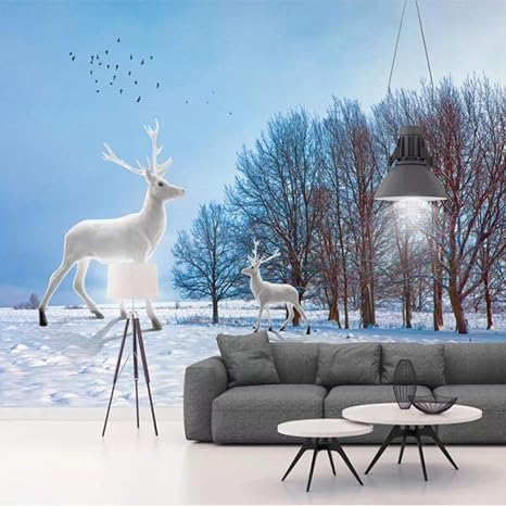 Amazon Xueshao カスタム北欧エルクの森雪景色リビングルームの寝室の背景壁紙壁画 400x280cm 壁紙