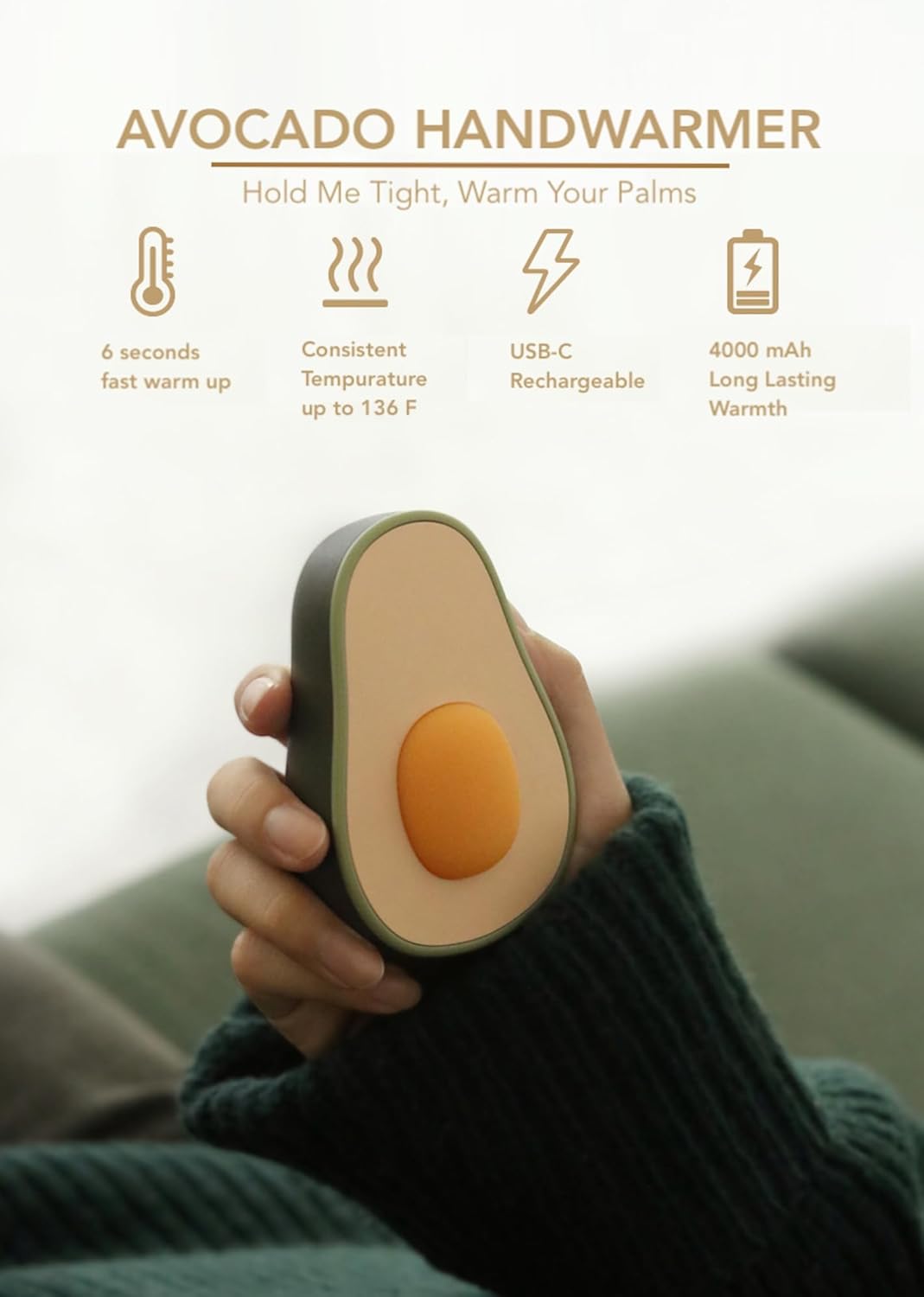 DesignNest Avocado Hadwarmer USB-C Rechargeable 4000 mAh Battery Electric Hand Warmer