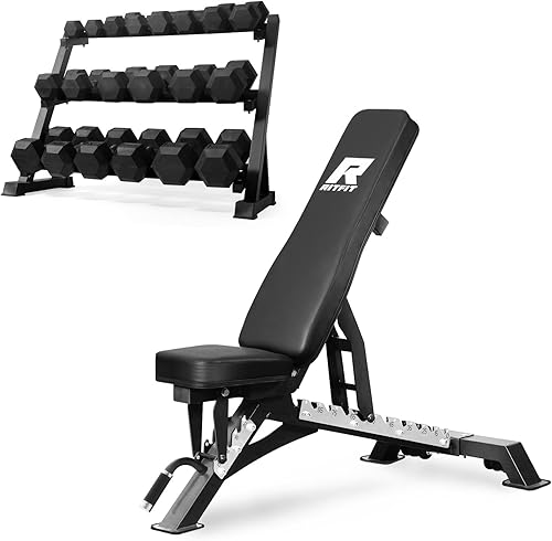 Miniatura 23 de RitFit 5-780LBS Rubber Coated Hex Dumbbell Weight Set with Rack for Home Gym, Strength Training, Workouts