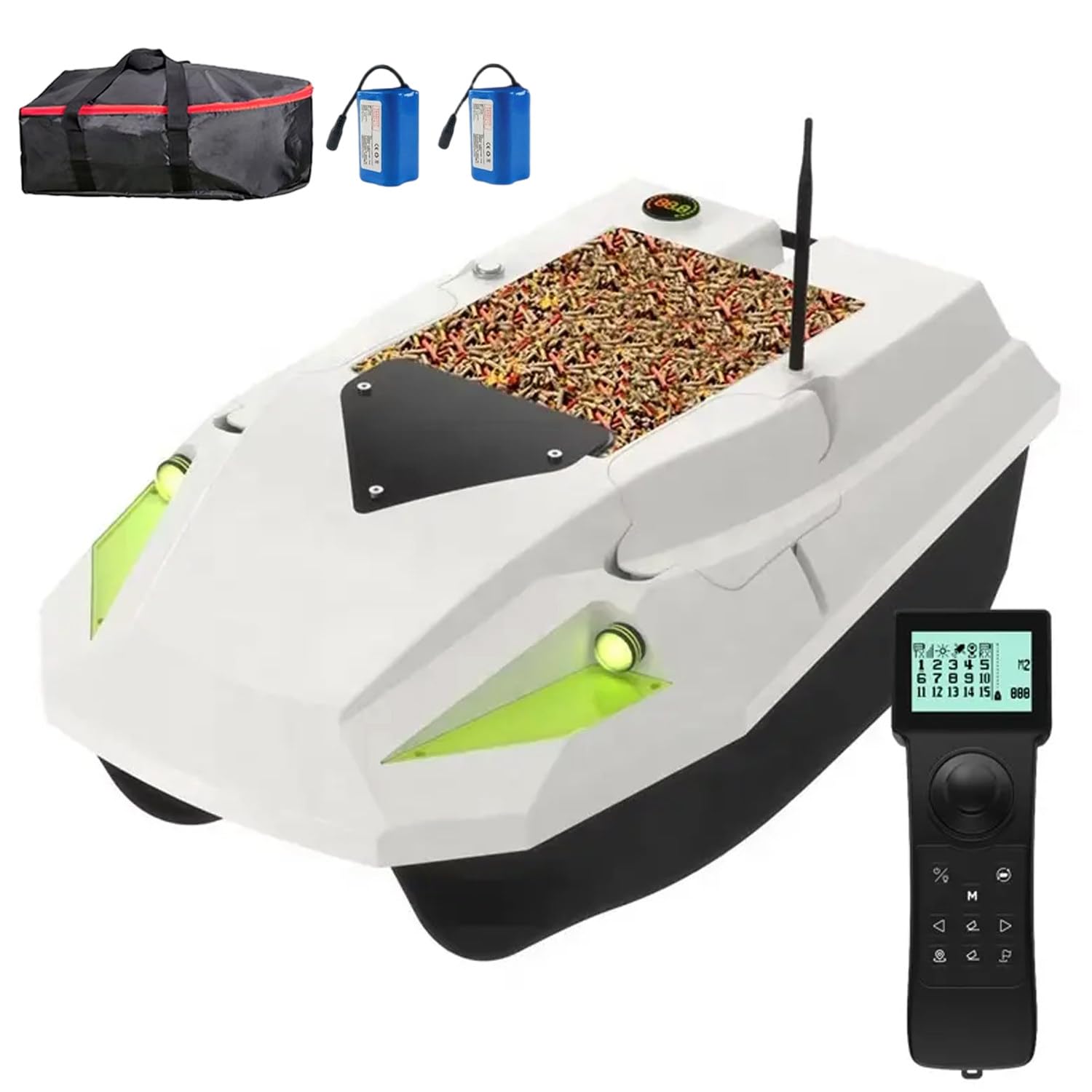 Bateau amorceur Peche Carpe, Bateau de pêche appât avec GPS, 2 Batteries, éclairage de Nuit, positionnement 100 Points, Vitesse réglable, Filet de traîne, Charge de 2 kg (Blanc)