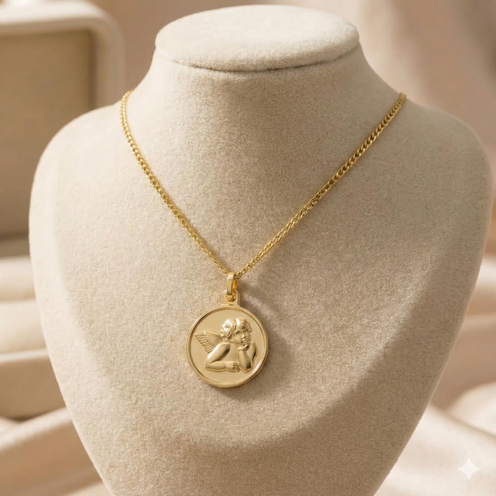 Collier - Enfant - Médaille - Ange - Baptême - 16 mm - Plaqué Or Jaune 750 - Fabriqué en France - Forçat 45 cm