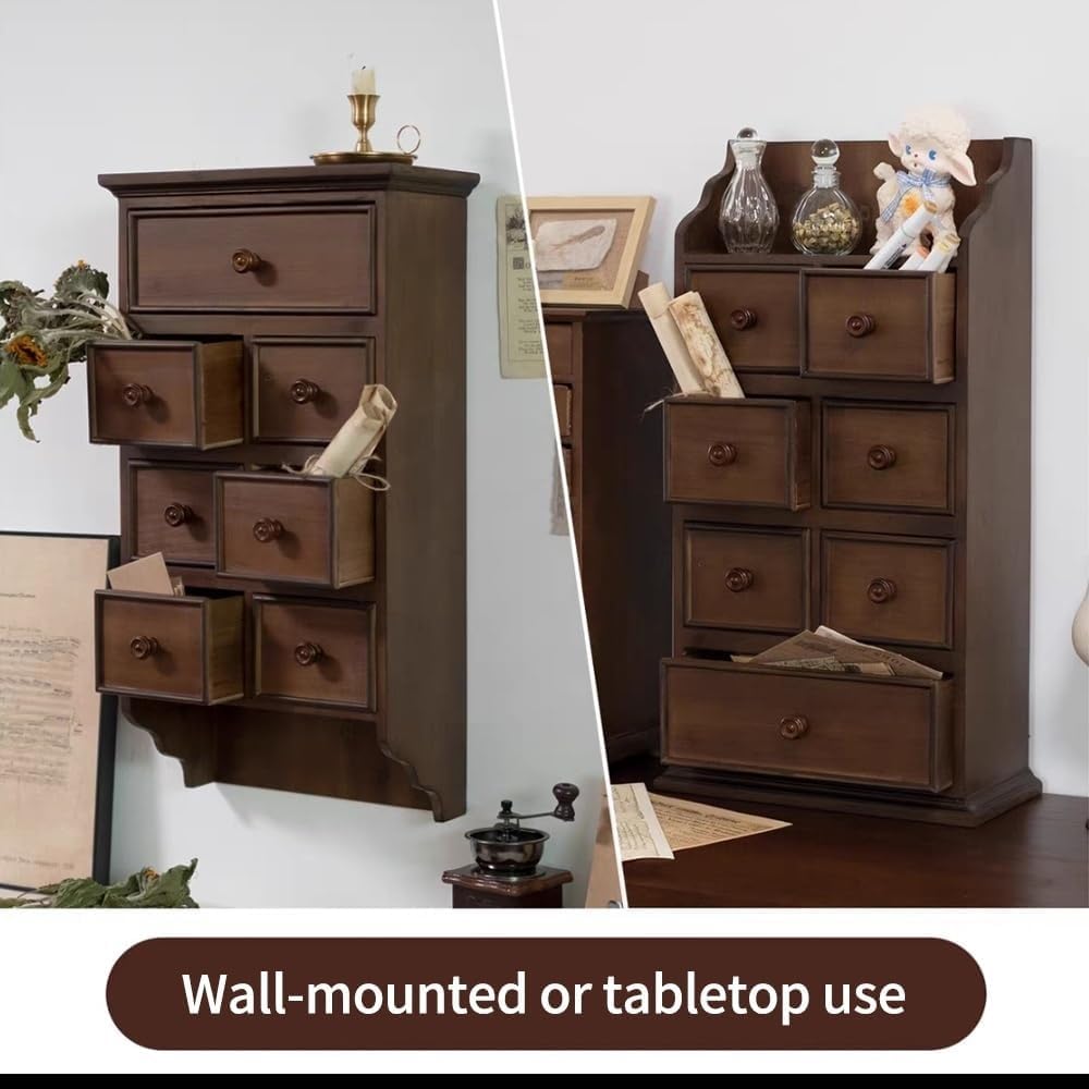 Rustic Mini Wall Cabinet 7 Small Drawers Wooden Curio Cabinet Wall Mounted Countertop Storage Display Cabinet for Room Space Saver