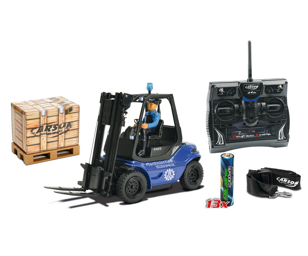 Carson 500907175 THW 100% RTR Carrello elevatore radiocomandato, Veicolo utilitario, Scala 1:14, funzioni Luminose e sonore, batterie del trasmettitore Incluse, Telecomando a 2,4 GHz, Blu