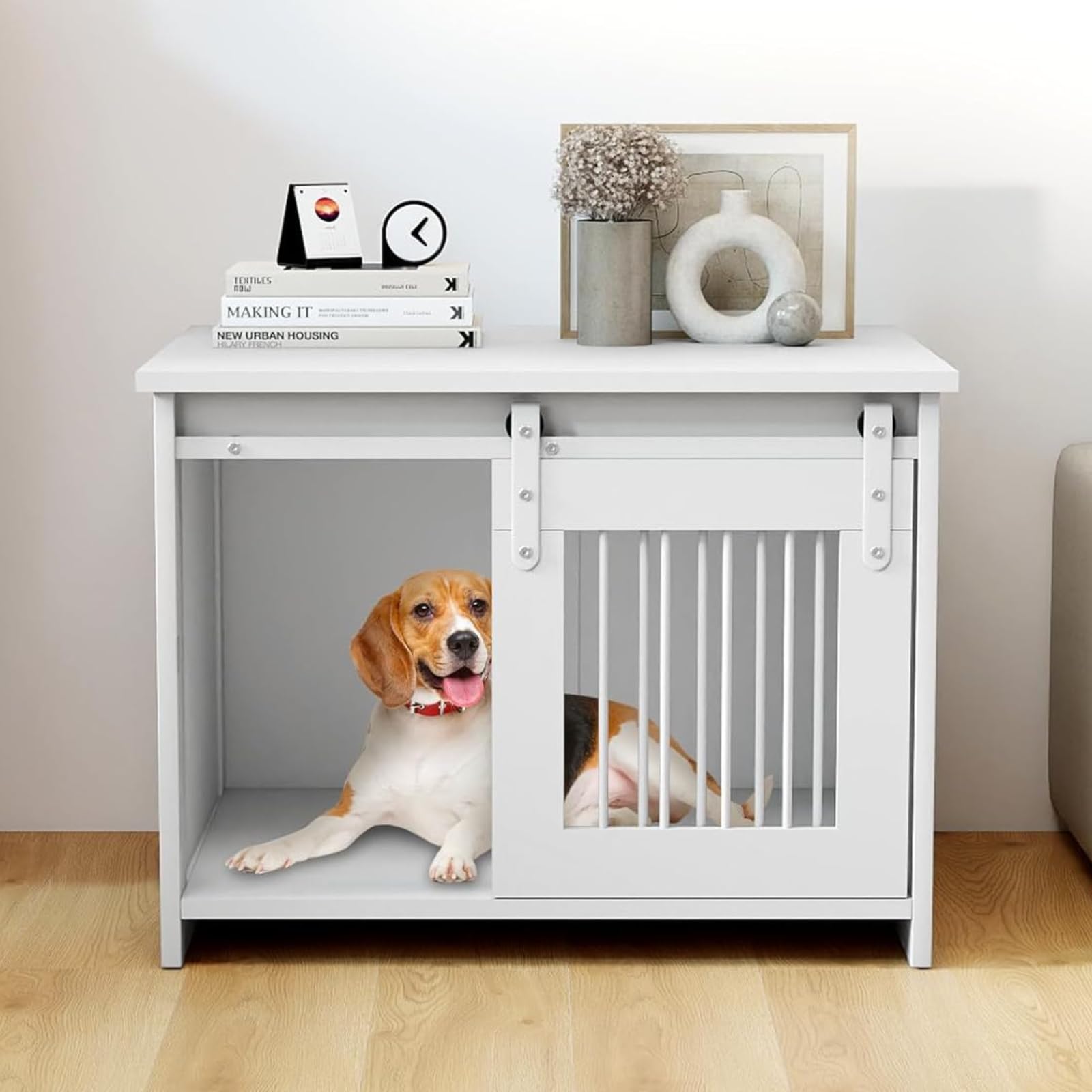 GYMAX Dog Crate, Modern Dog Cage Furniture with Wide Tabletop, Sliding Door and Chew-proof Metal Pipes, Indoor Pet Kennel Side Table for Small Medium Dogs