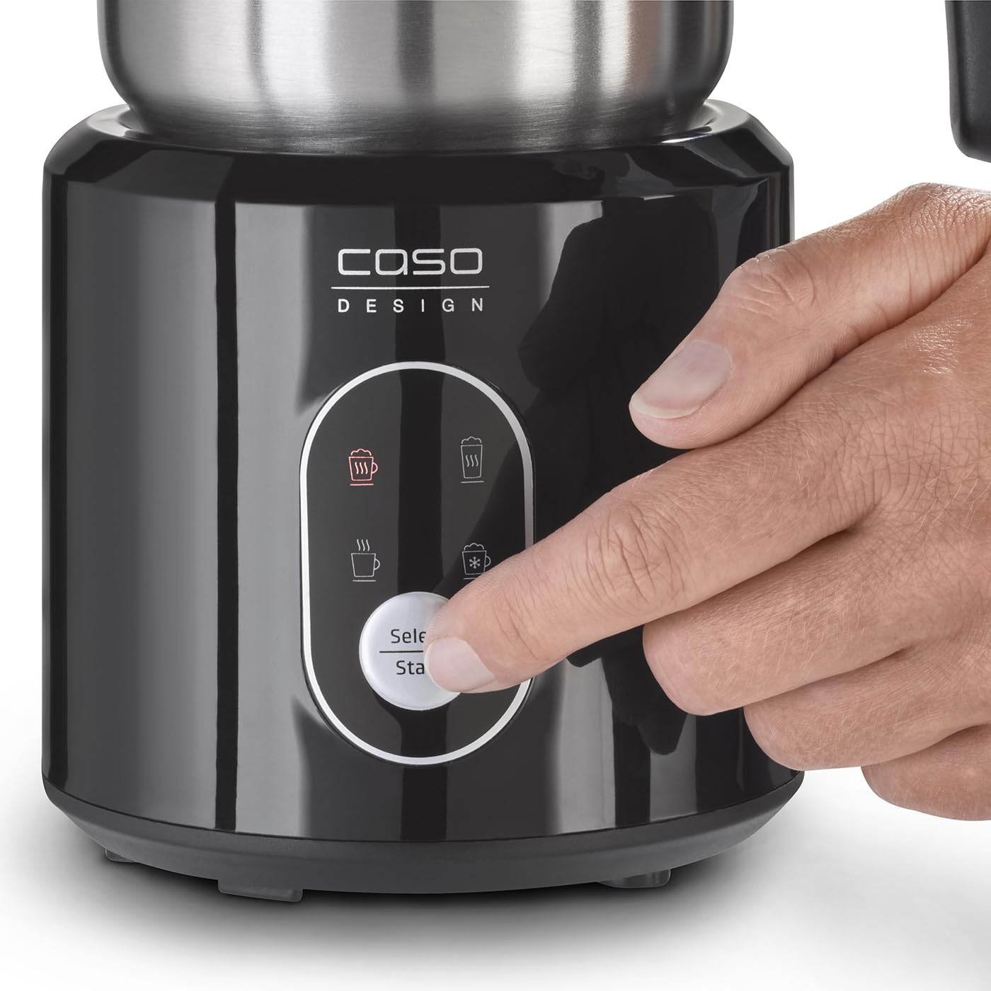 CASO Crema & Choco Black, Montalatte per latte vaccino e latte vegetale, Schiuma di latte fredda, Contenitore in acciaio inox di alta qualità con manico isolante termico