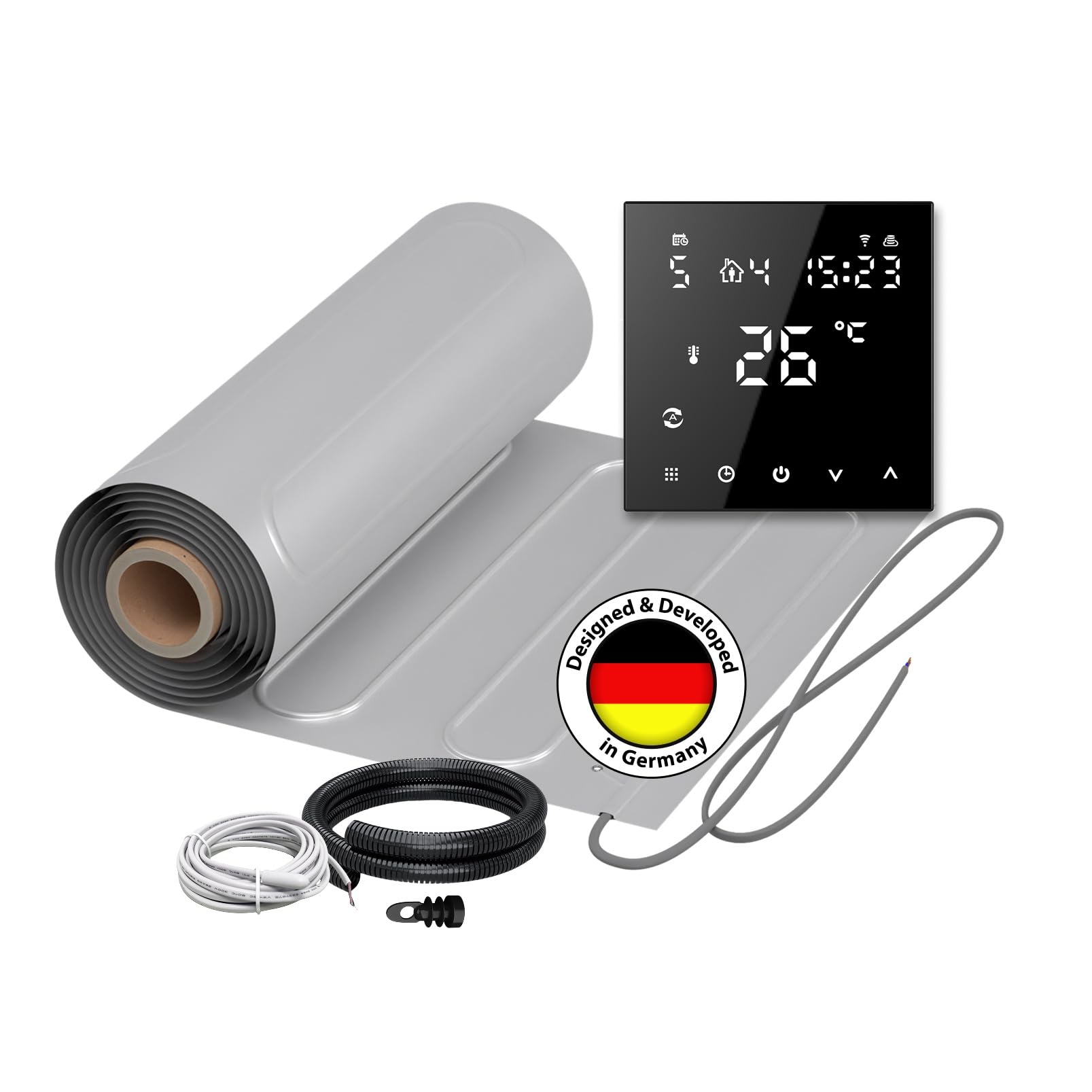 Calefacción eléctrica por suelo radiante para laminado: WARMON ALU 150 W/m², incluye termostato Smart WiFi TS 300 Series, termostato: TS 300 WiFi, color negro, tamaño de la alfombra: 1,5 m²