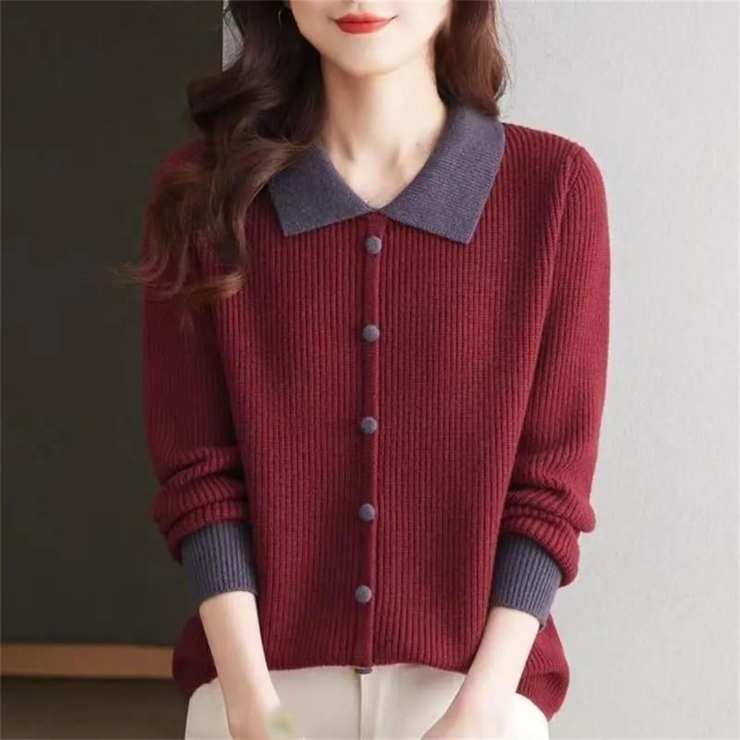 Women's Lapel Knit Top for Spring Fall Loose Fashion Base Layer Sweater for Inner and Outer Wear