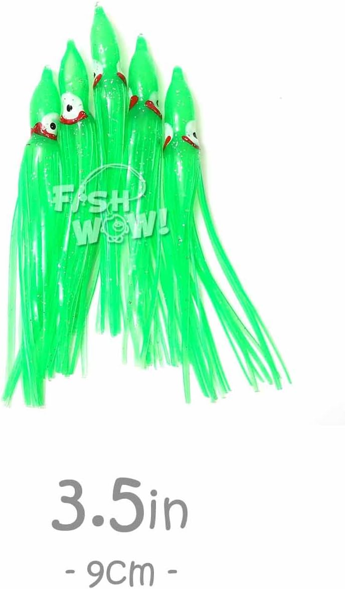 100pcs Fish WOW!® 3.5 inch Squid Skirts 9cm Octopus Hoochies Fishing Soft Lures -10 Colors- Pink, White, Red, Blue, Glow,Green, Red, Rainbow, Chartreuse