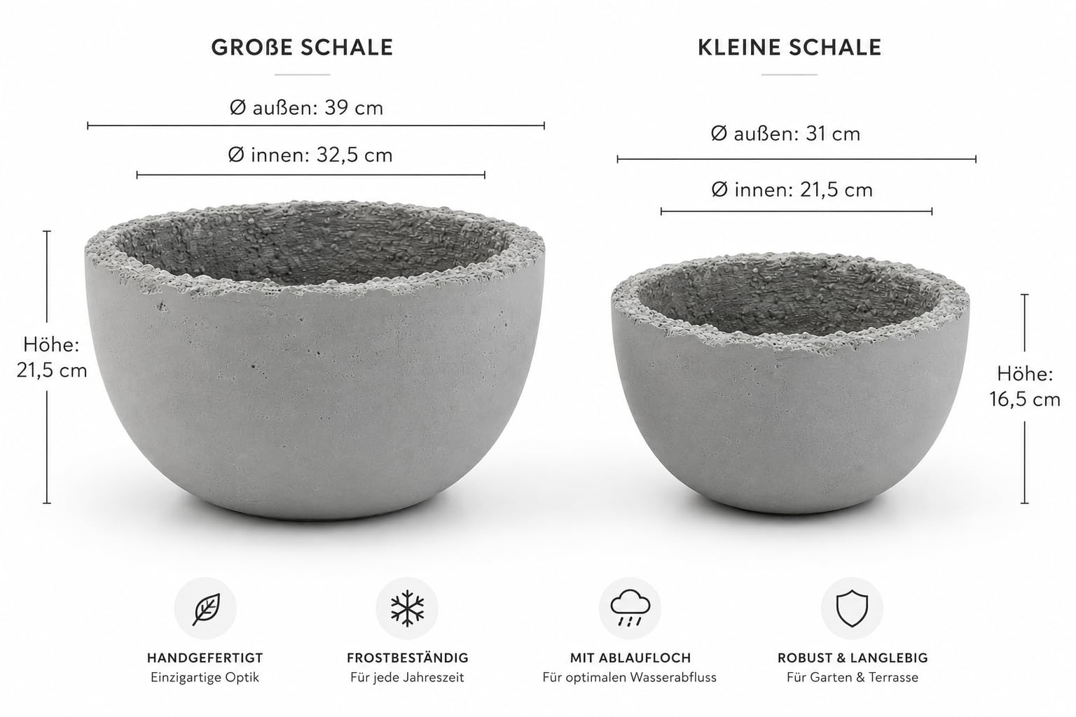 Beton Pflanzschale Rund Pflanzgefäß Blumenschale Pflanzkübel Betonschale Garten Terrasse Sparset (2er Set Ø31 cm + Ø39 cm)