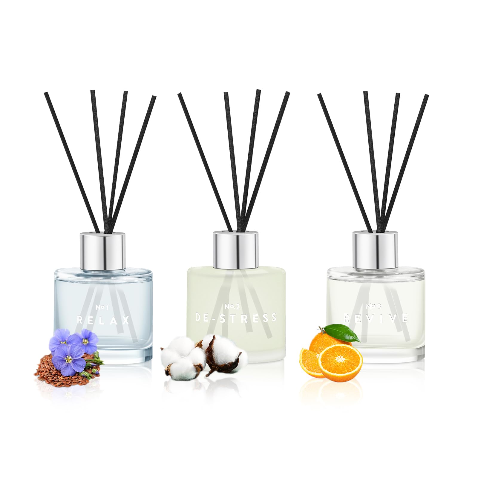 3 Pack Fragrance Reed Diffusers, 50ML Clean Linen Cotton Citrus Orange Aromatherapy Diffuser Set with 12 Black Fiber Sticks,Air Freshener for Bedroom Bathroom Office