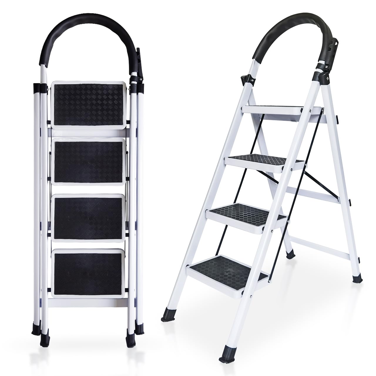 Escalera Plegable de 2, 3 y 4 Peldaños con Soporte Adicional y Mango Antideslizante | Ladder Multifuncional Antideslizante | Ligera, portátil y Segura para Todo Tipo de Tareas (4 Peldaños)