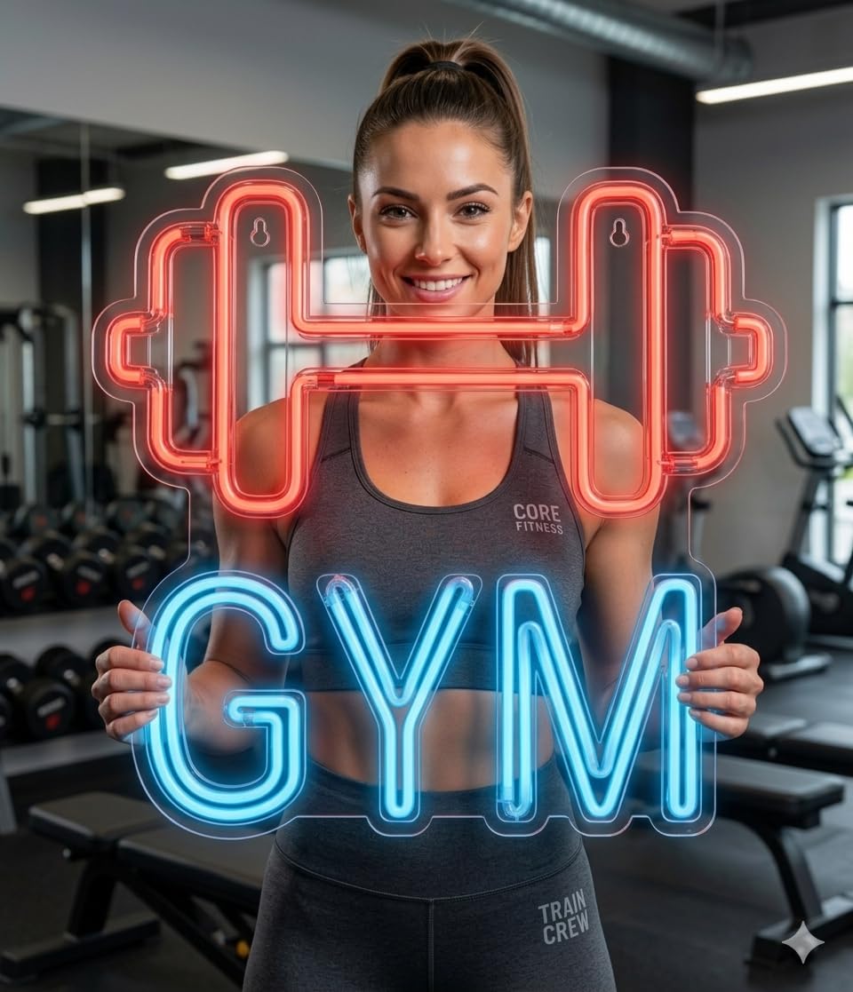 Letrero GYM PESAS Cartel Luminoso LED Escaparate, Decoración de Pared en Metacrilato, Luz Brillante, aproximadamente 60cm alimentación 12v
