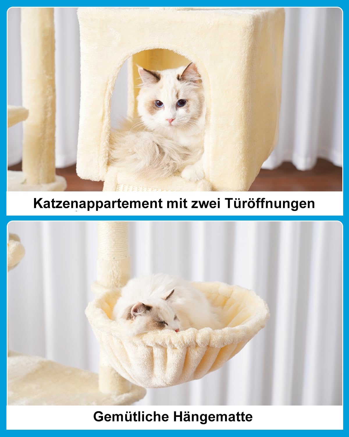 Hey-brother Kratzbaum, Stabil 159 cm Katzenbaum mit 2 Große Plattform, Großer Kratzbrett, Korb und Haus, Beige EMPJ029M
