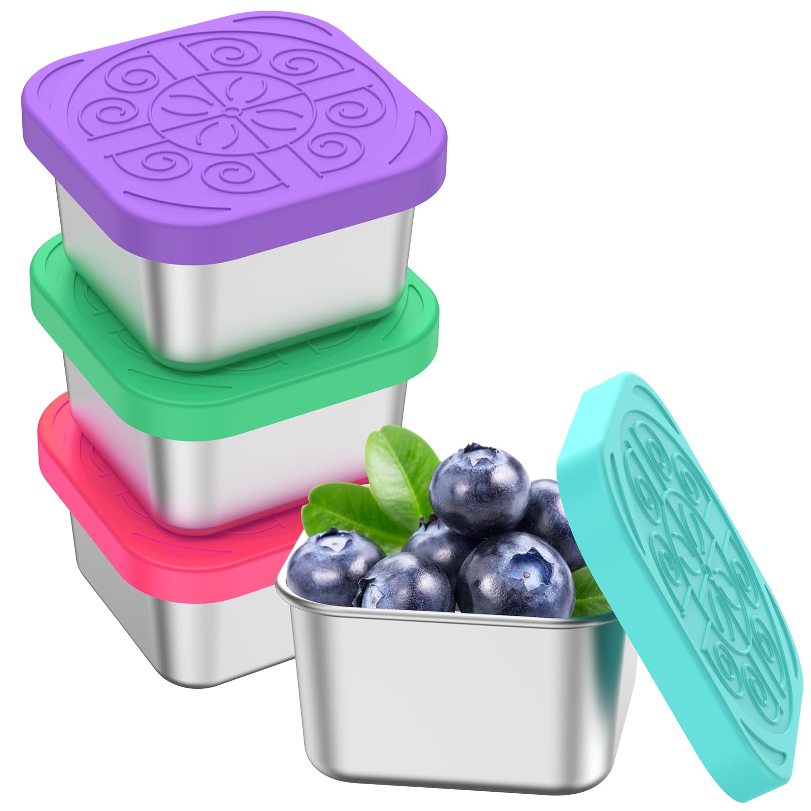 Drbit 4 Pcs Stainless Steel Snack Container With Silicone Lids 6Oz Sauce Container Leakproof Food Storage Container Reusable Snack Cup Stackable Dressing Container Portable Snack Box Set For Kids