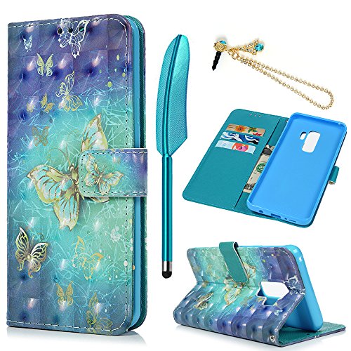 MOLLYCOOCLE Galaxy S9 Case(Not Plus), 3D Relief Pattern Wallet Case PU Leather Soft TPU Inner Bumper Ultra Slim Fit Protective Cover for Samsung Galaxy S9, Blue Butterfly