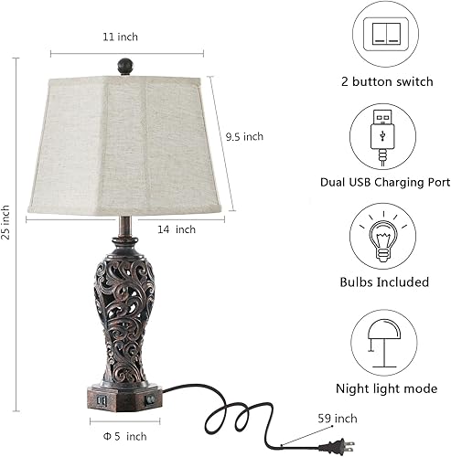 Miniatura 6 de Juego de 2 lámparas de mesa de granja para sala de estar, lámpara rústica vintage con 2 puertos USB, lámparas de resina de bronce para mesa auxiliar