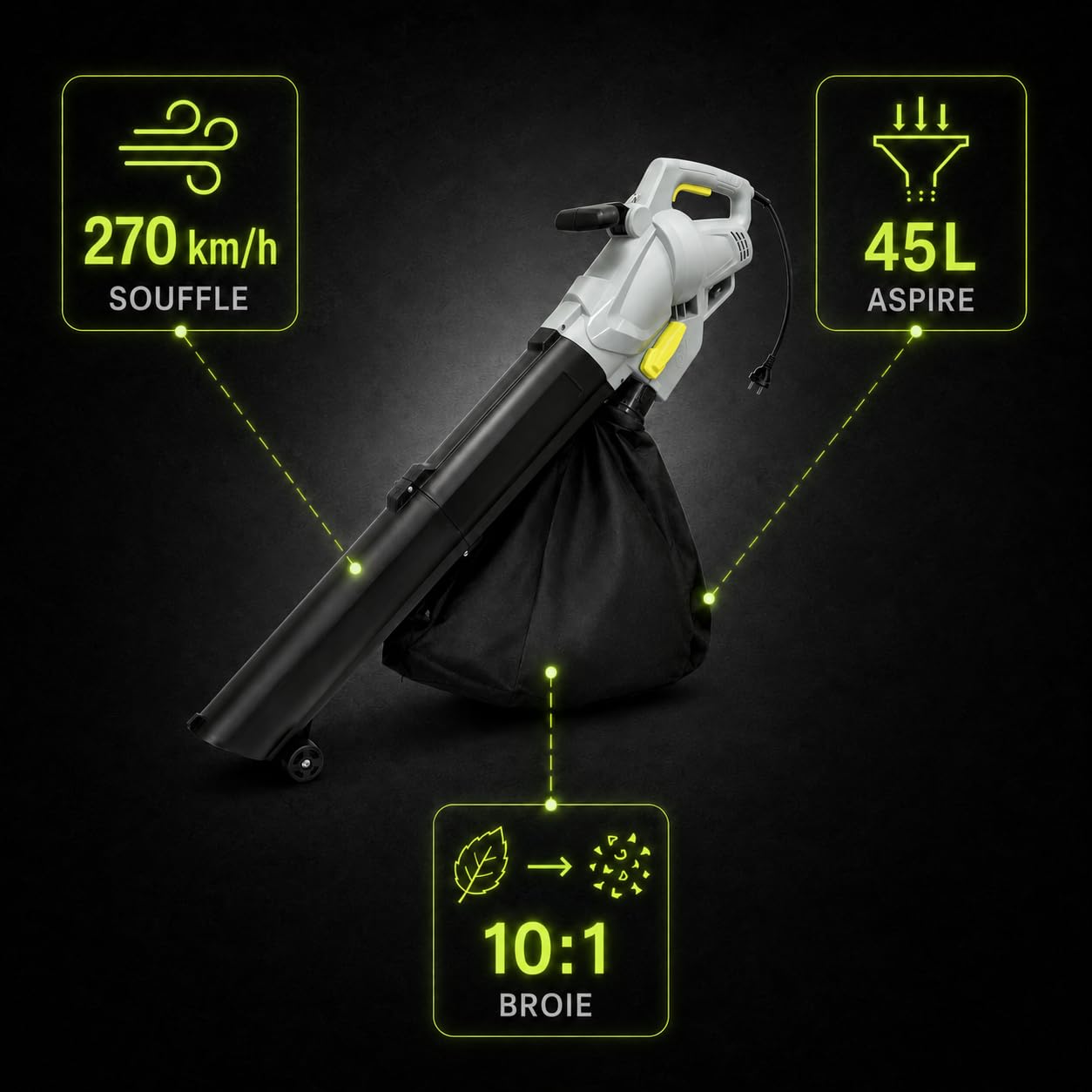 KOMBO - Souffleur/Aspirateur 3000W avec Broyage 10:1, Vitesse 270 km/h, Sac 45L, avec Roues de Guidage - pour Feuilles et Herbe - Alimentation 230V