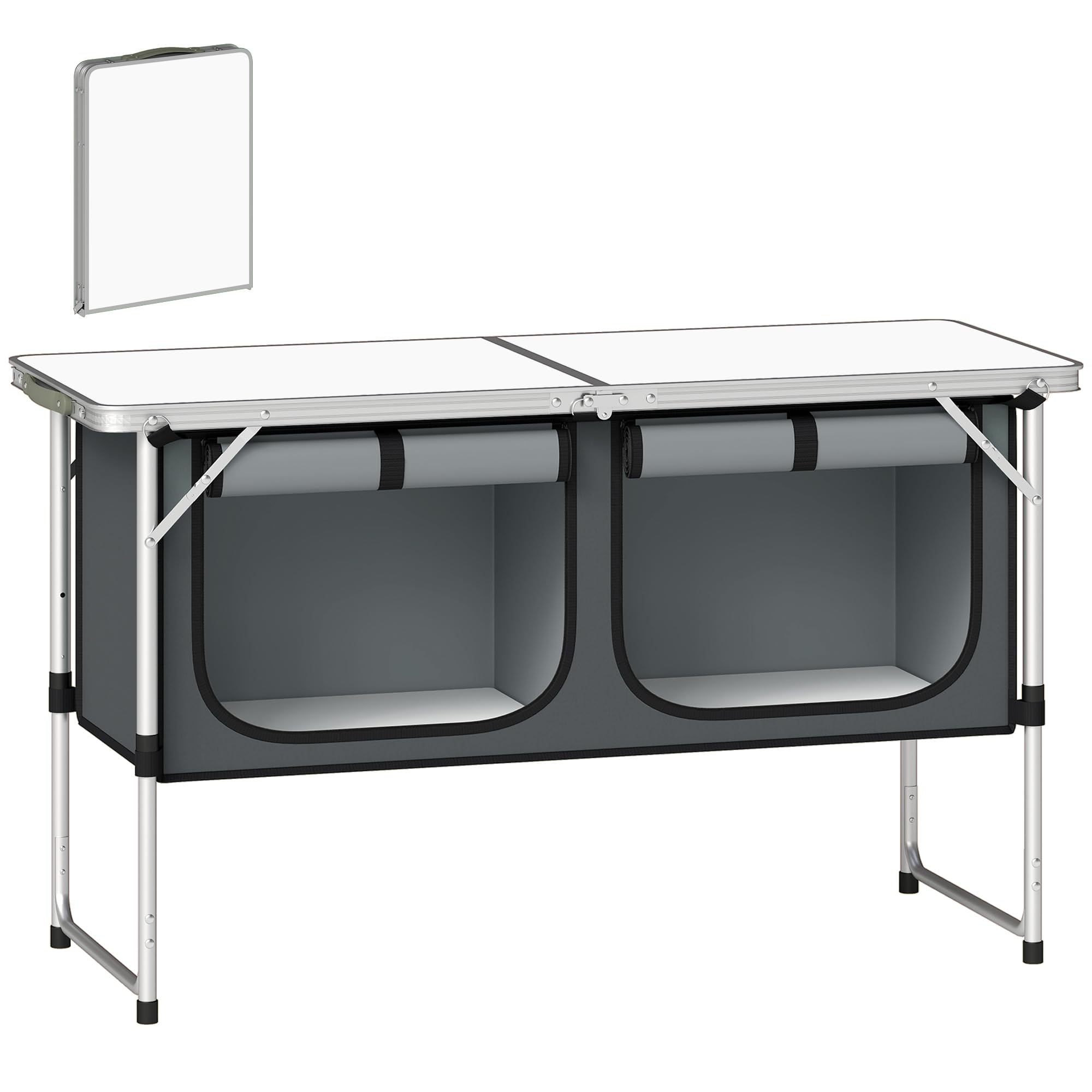 Outsunny Mesa de Cocina de Camping Plegable, Mueble de Cocina de Camping Portátil con Armario de Tela Oxford, Marco de Aluminio, para Picnic, BBQ y Actividades al Aire Libre, 120x47x70 cm, Plateado