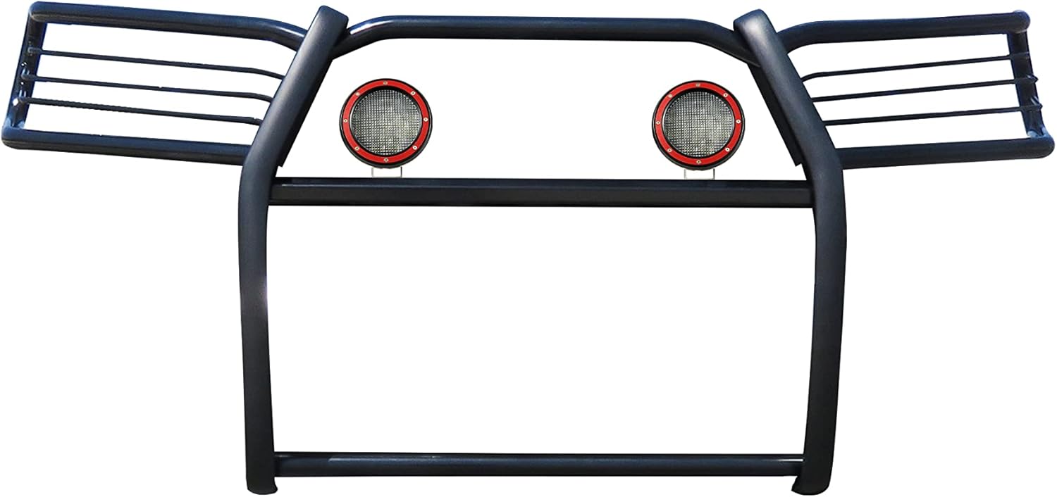 Black Horse Grille brush Bumper Guard Modular Black Come With Pair of 5.3" Dia.LED Lights with Red Trim Rings Compatible with 2010-2024 Toyota 4Runner-17TU31MA-PLFR