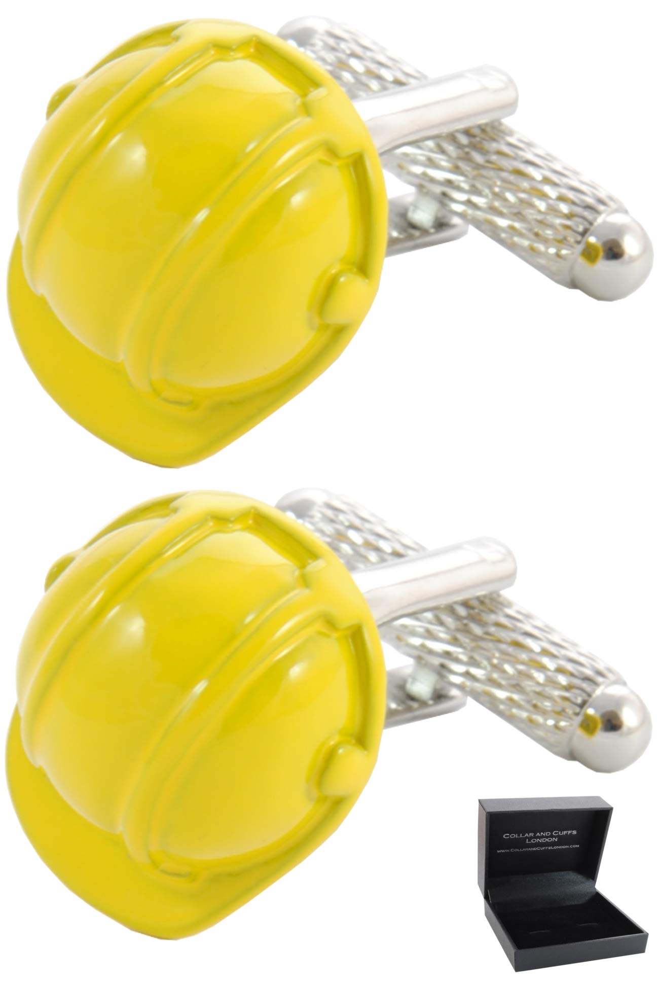 Boutons de Manchette - Avec Boîte - Pour Homme Bricolage - Casque Chantier | Laiton - Jaune - Ingénieur Constructeur Construction Superviseur - Une Paire