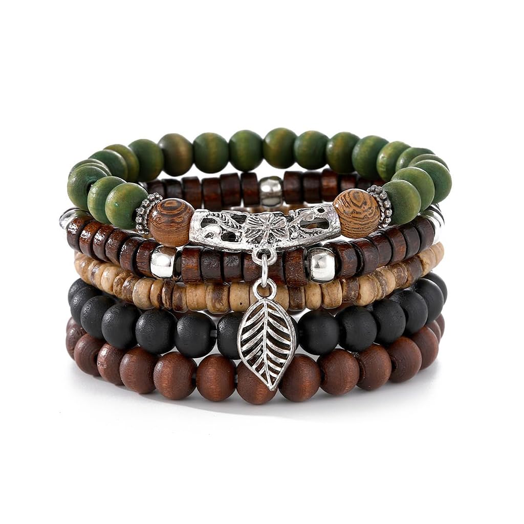 Multi-Layer Wooden Bead Bracelet Set for Men and Women Handmade Stretch Elastic Beaded Bracelets with Alloy Charms, 5-Piece Fashion Jewelry Gift for Daily Wear, Parties & Special Occasions-image-22