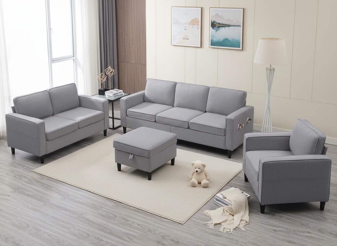 3 Pieces Living Room Sofa Set, Linen Couch and Loveseat Chair Sets with Ottoman & Armchair, Modular Sectional Sofa Couch Furniture Set, Wood Legs Sofas Couches for Living Room - Light Grey