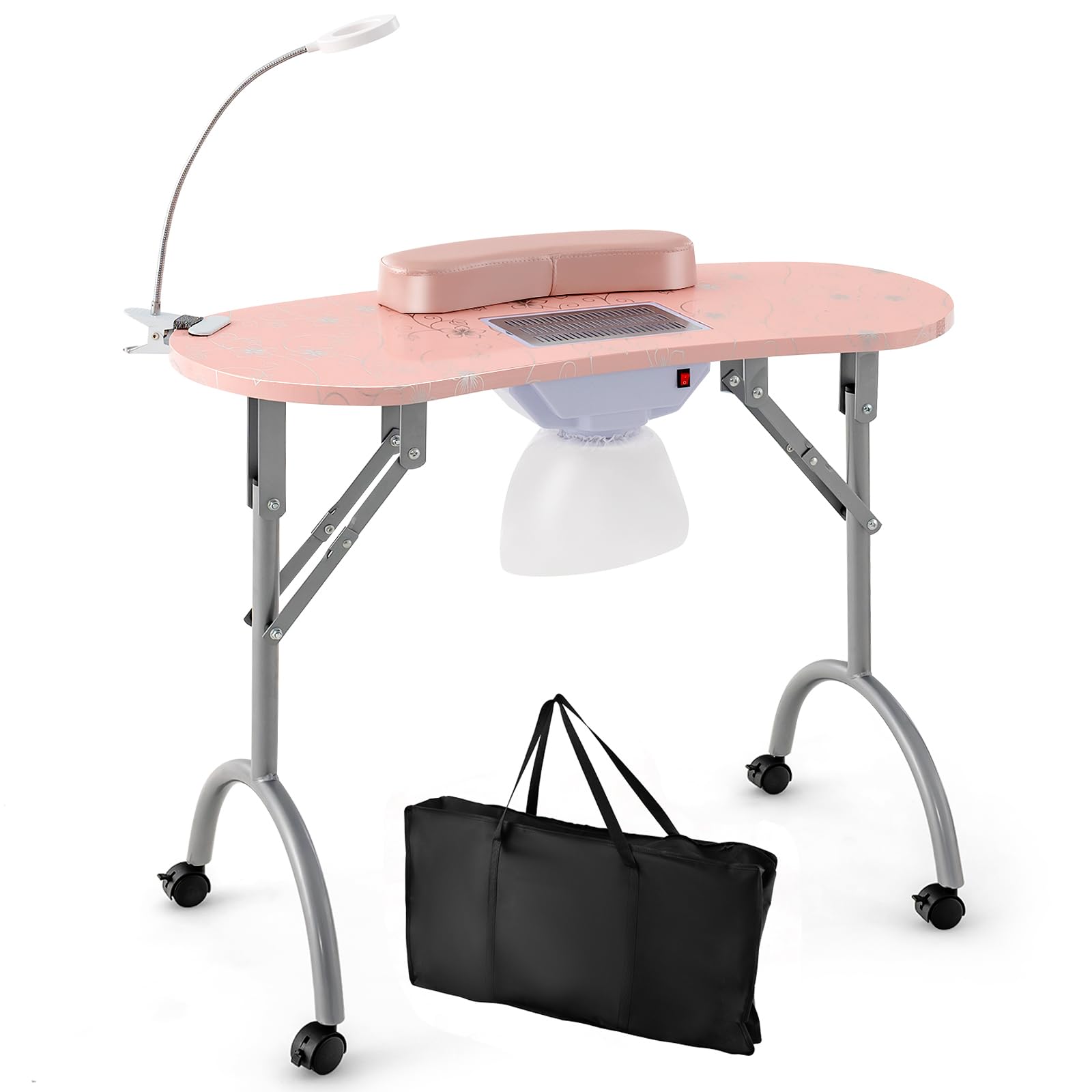 RELAX4LIFE Nageltisch, Maniküretisch mit Absaugung, Nagelstudio Tisch mit biegbarer LED-Lampe, faltbarer Manikürtisch mit 4 Rädern, Tragbare Maniküre-Tisch für Zuhause, Salon, Nagelstudio (Rosa)