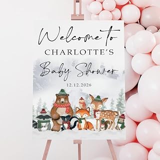 Personalized Baby Shower Sign, Woodland Animal Signage with Fox and Deer, Winter Wonderland Poster for Holiday Party