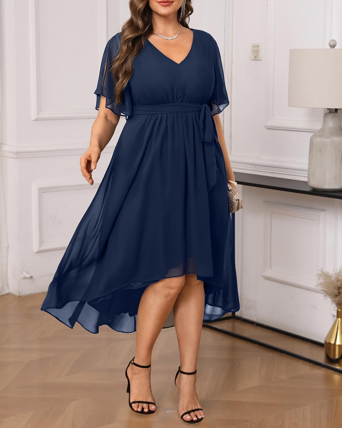 Talisea Plus Size Dresses Wedding Guest - Formal Cocktail Chiffon V Neck Short Sleeve High Low Dress Curvy Women