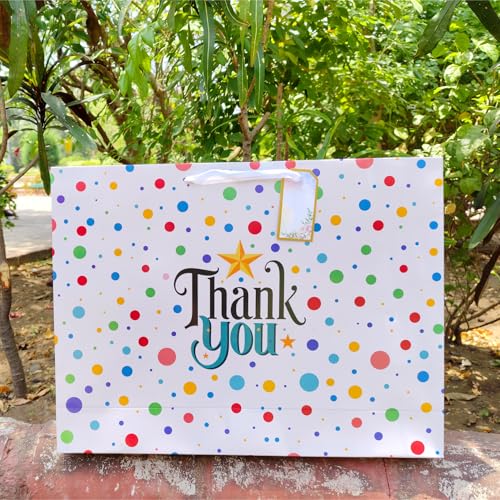 Image of Large Thank You Paper bags - Gift Bags | Pack of 5 | 17 x 13 x 4 Inch - Polka dot design with thank you