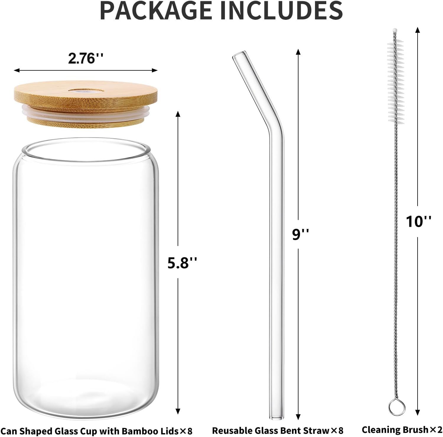 Glass Cups with Lid and Straw, 16oz Beer Glasses Glass Coffee Cups, Iced Coffee Cups with Lid, Glass Tumbler with Straw and Lid (8 PACK) - Image 2