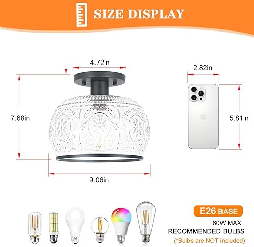 Miniatura 6 de Lámpara de techo semiempotrada vintage negra con cristal de globo. Ideal para iluminación de cocina pequeña, armario, pasillo, entrada y baño