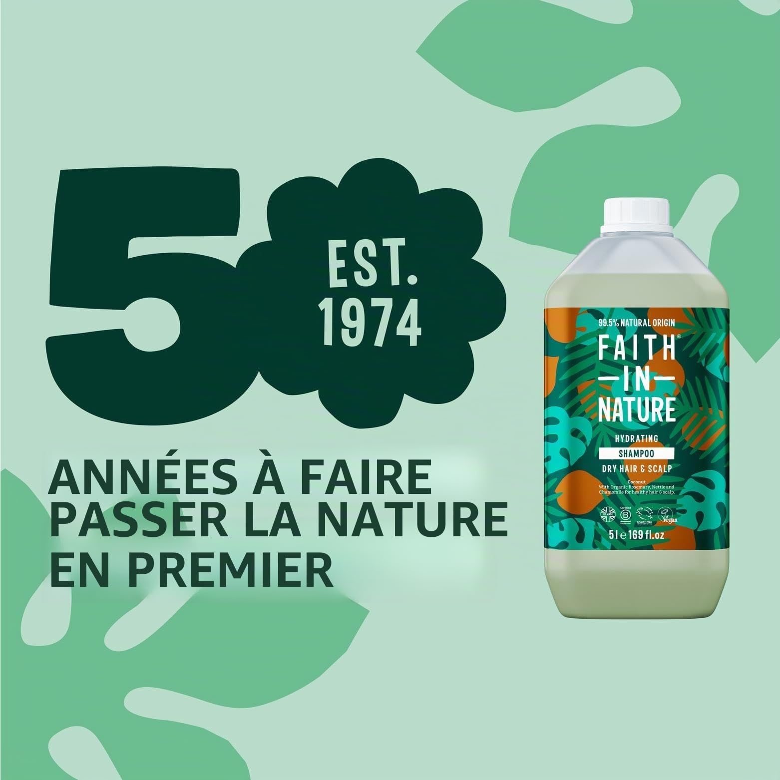 Faith in Nature Shampoing Naturel Huile de Coco, Hydratant, Végan et Respectueux des Animaux, Sans Parabènes et Sans SLS, Cheveux Normaux à Secs, Recharge 5L