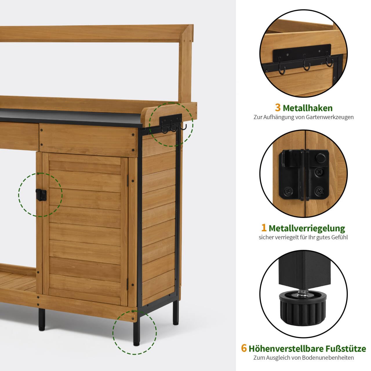 M MCombo Pflanztisch mit Schublade, Ablage, Verzinkter Arbeitsplatte & Schrank, Gärtnertisch Wetterfest mit 3 Haken, Blumentisch Massivholz für Garten, Balkon & Terrasse, 2049 (Natur)